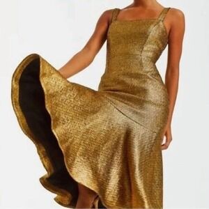 Mestiza New York Jody‎ Metallic Gold Tweed Square Neck Flutter Hem Midi Dress 2
